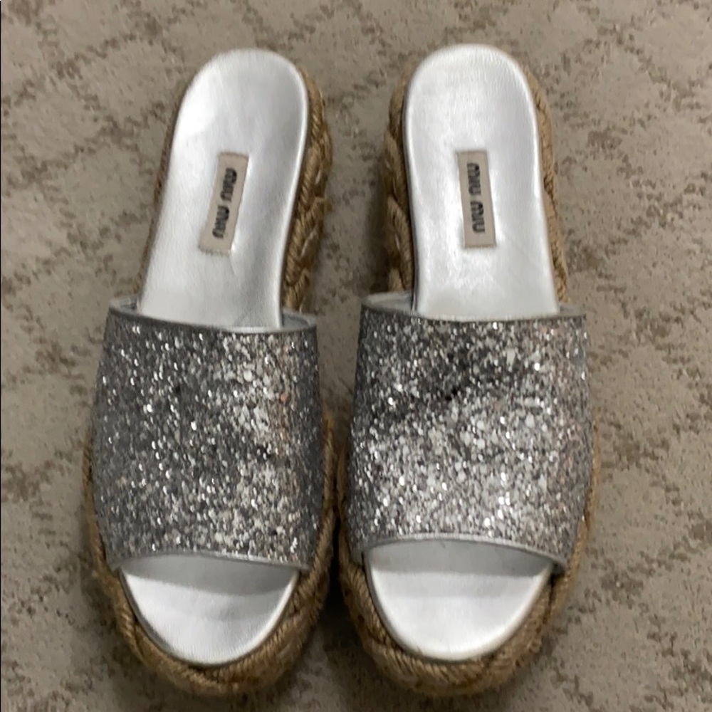 Miu Miu Silver Glitter Espadrille Slide